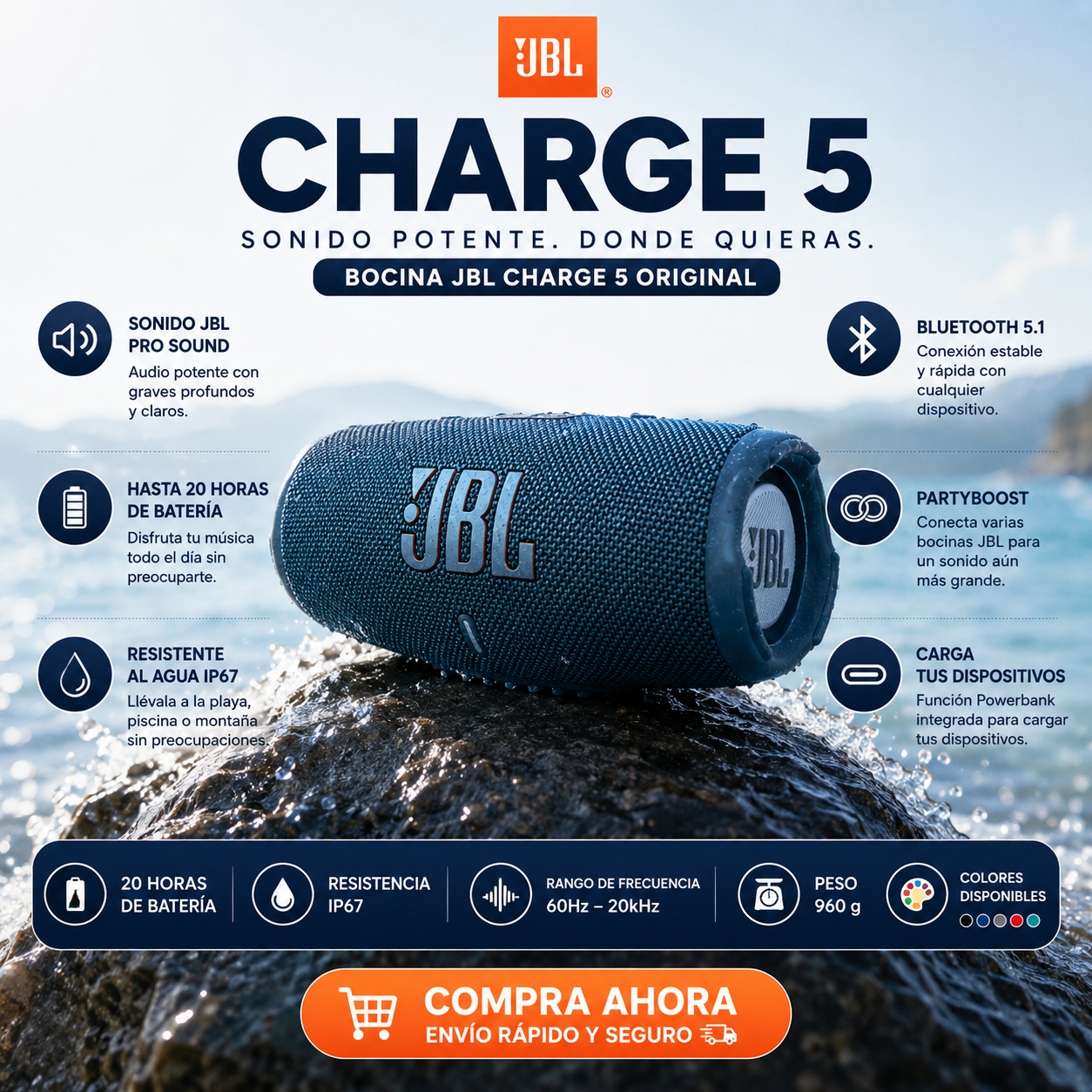BOCINA JBL CHARGE 5 ORIGINAL – SONIDO POTENTE Y RESISTENTE AL AGUA