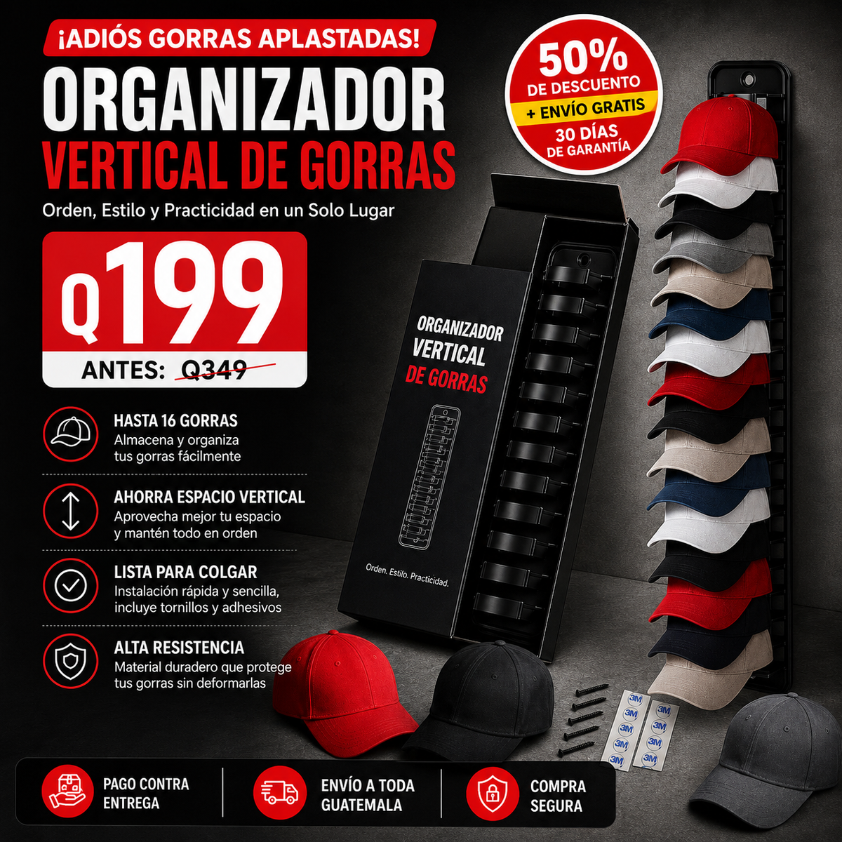 Organizador Vertical para 16 Gorras | Soporte de Pared con Ahorro de Espacio