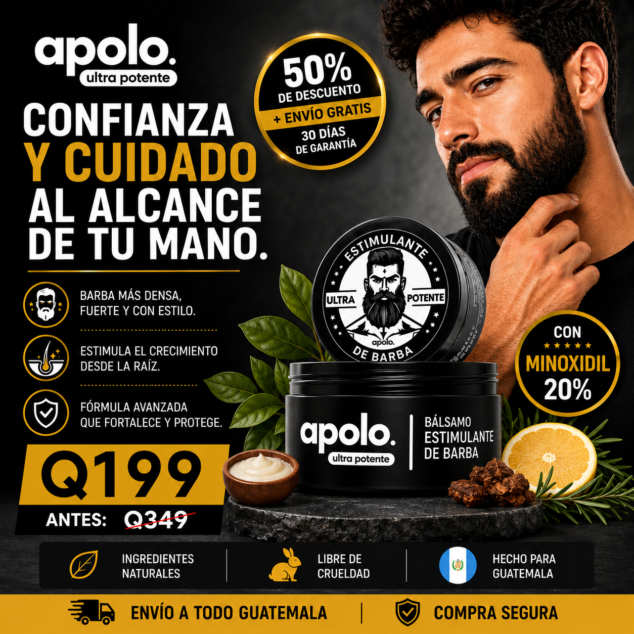 Apolo Ultra Potente® | Bálsamo Estimulante para Barba con Minoxidil 20%