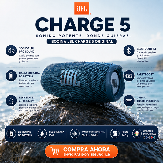 BOCINA JBL CHARGE 5 ORIGINAL – SONIDO POTENTE Y RESISTENTE AL AGUA