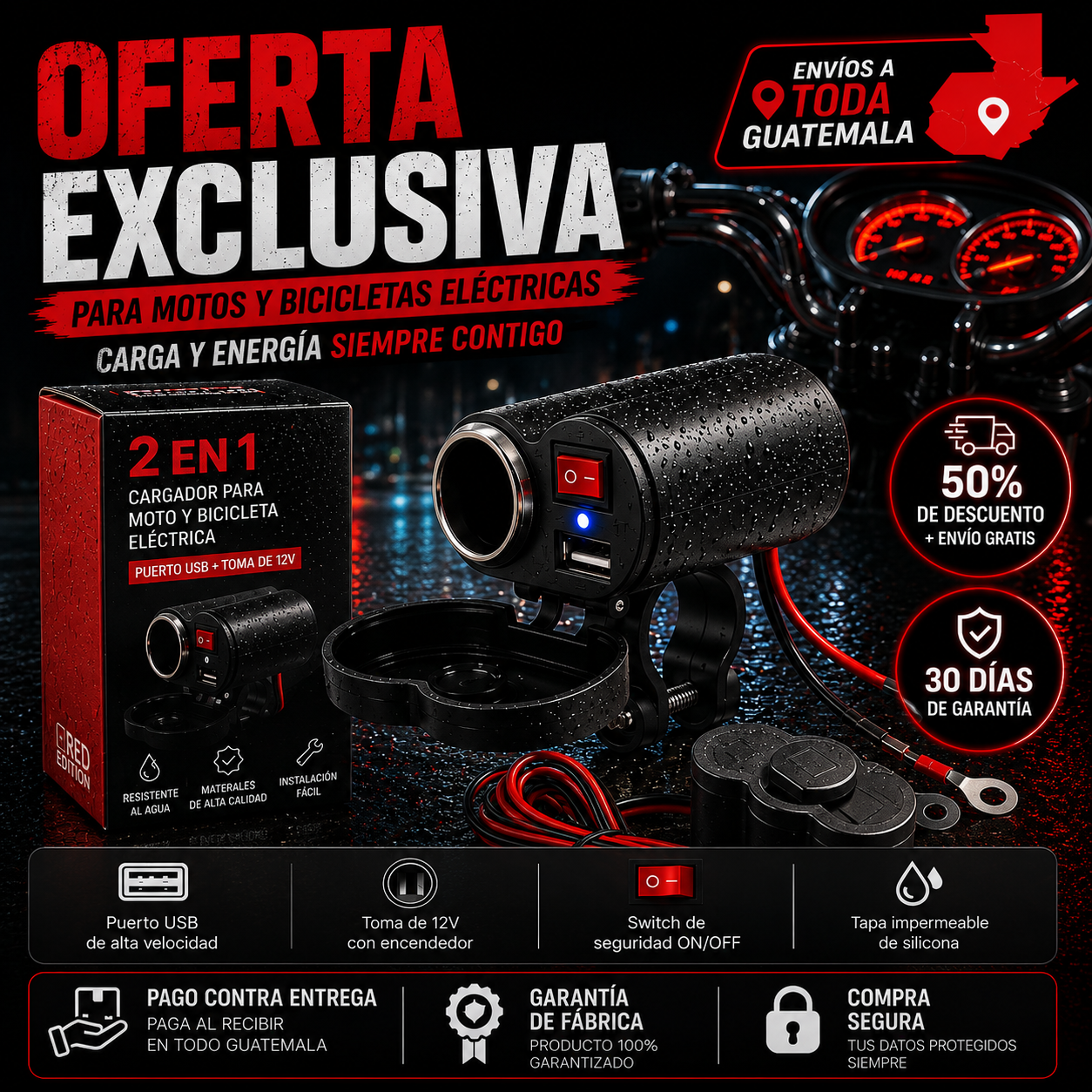 Cargador 2 en 1 para Moto y Bici Eléctrica | USB + Encendedor 12V Impermeable