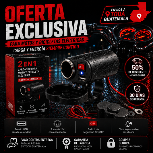 Cargador 2 en 1 para Moto y Bici Eléctrica | USB + Encendedor 12V Impermeable