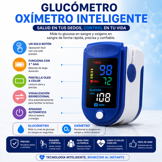 Glucómetro Oxímetro Inteligente® Controla Tu Oxígeno y Frecuencia Cardíaca en Segundos