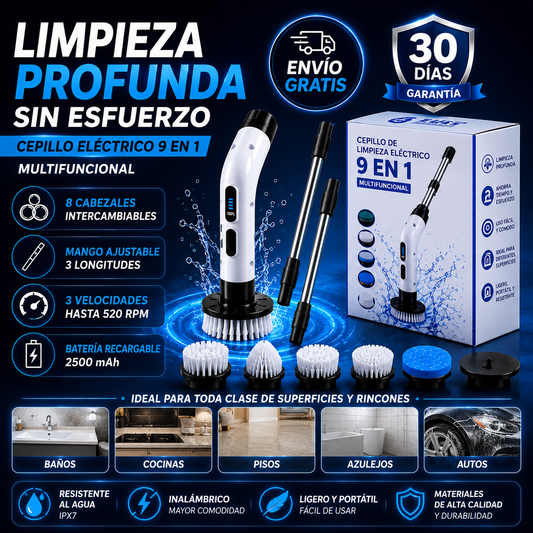 Cepillo Eléctrico de Limpieza 9 en 1 | 8 Cabezales, Mango Extensible y Batería Recargable