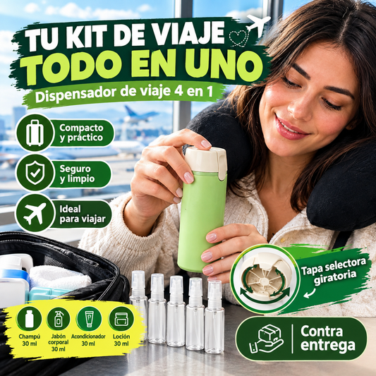 TU KIT DE VIAJE 4 EN 1: TODO LO QUE NECESITAS EN UN SOLO FRASCO